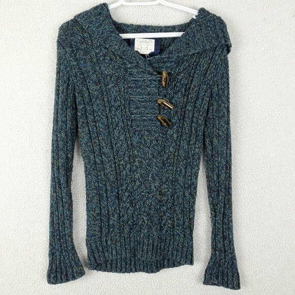 Old Navy Cable Knit Sweater Womens Small Green Heathered Hooded Lightweight - Picture 1 of 8